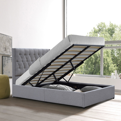 Quadro adornado botão Grey Linen Fabric sem redução da cama do armazenamento de estofamento