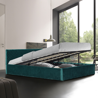 Tamanho dobro da cama confortável verde do armazenamento de estofamento da tela para o quarto
