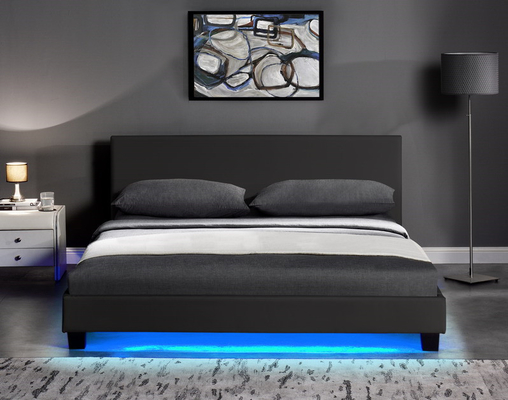 Madeira compensada estofada de couro moderna do quadro da cama do plutônio com quadro da cama do diodo emissor de luz