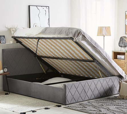 Armazenamento estofado do elevador de Grey Velvet Fabric With Gas do quadro da cama da madeira compensada