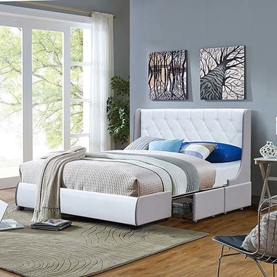 Cama de couro adornada do armazenamento de Grey And White Four Drawer da luz do quadro da cama do plutônio