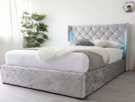Cama queen size cinza de veludo triturado compensado com cabeceira de luz LED em ambos os lados