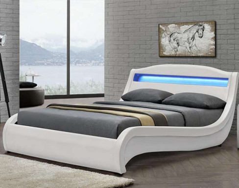 Couro branco estofado contemporâneo ergonômico do plutônio do quadro da cama com luz do diodo emissor de luz
