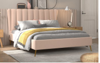 Rei Creme-colorido tela estofado quadro Size da cama do Wingback