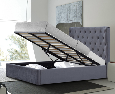 King Size 500lbs elevador de gás cama de armazenamento cinza veludo tecido botões tufted na cabeceira