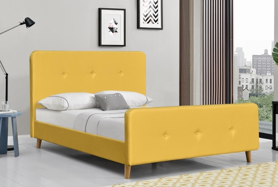 Tela de linho madeira compensada amarela estofada do quadro da cama de casal