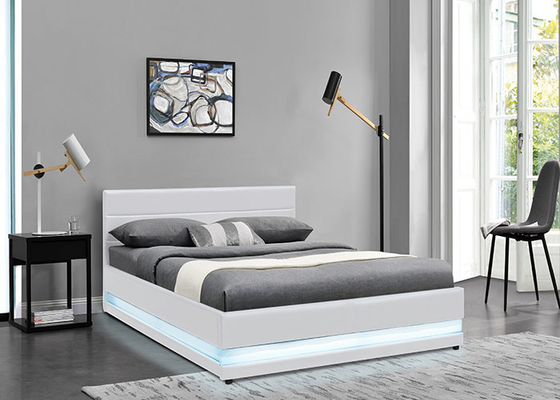 Tela moderna de couro branca da cama de casal do armazenamento do elevador de gás estofada com luz do diodo emissor de luz