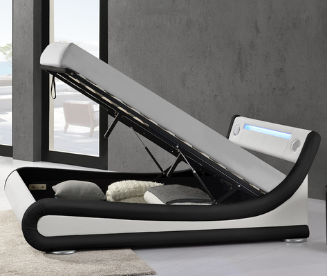 O diodo emissor de luz da plataforma estofou o quadro da cama com o preto do plutônio do orador de Bluetooth branco