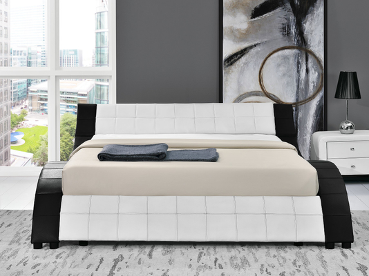 A onda estofada do quadro da cama da madeira compensada dá forma ao couro do plutônio com diodo emissor de luz ambos os trilhos laterais