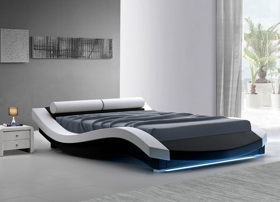 A forma de onda estofou a madeira compensada de couro do plutônio do quadro da cama com Footboard do diodo emissor de luz