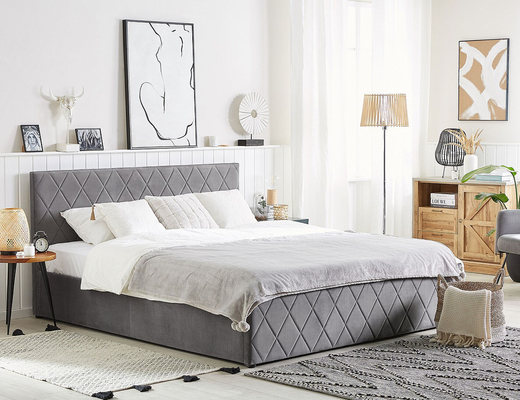 Armazenamento estofado do elevador de Grey Velvet Fabric With Gas do quadro da cama da madeira compensada