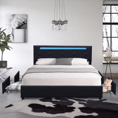 O falso estofado rainha do preto do quadro da cama de plataforma cobre a gaveta do metal quatro com luz do diodo emissor de luz