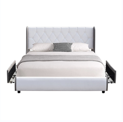 Cama de couro adornada do armazenamento de Grey And White Four Drawer da luz do quadro da cama do plutônio