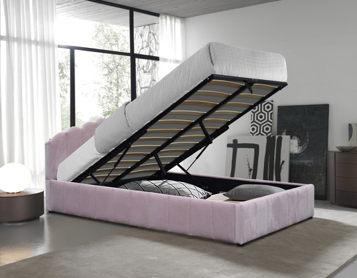 Cama de armazenamento estofada com elevador a gás tamanho duplo tecido de veludo de pelúcia cor de rosa