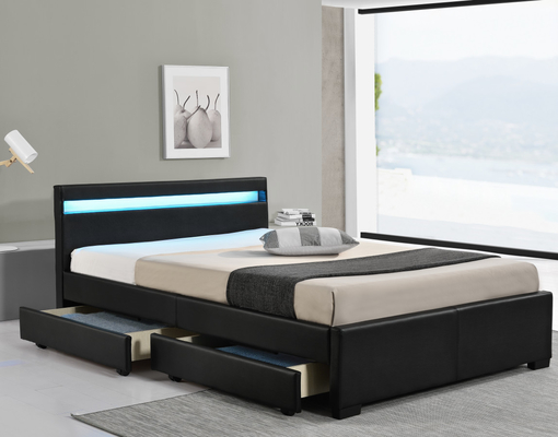 Cama Estofada de Couro Falso Preto Tamanho Duplo com Luzes Controle Remoto Sem Fio