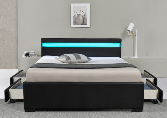 Cama Estofada de Couro Falso Preto Tamanho Duplo com Luzes Controle Remoto Sem Fio