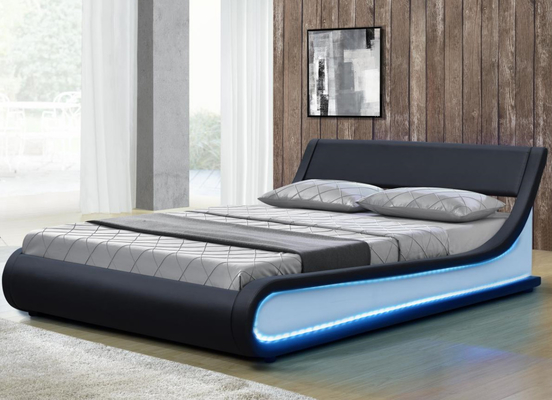 Cama dupla king size estofada com LED moderna em couro sintético preto