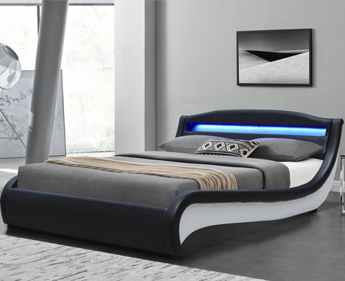 Cama dupla preta/branca estofada plataforma de couro com luz LED