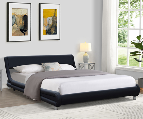 Cama Estofada de Couro Falso Preto Moderna Tamanho Duplo Para Quarto