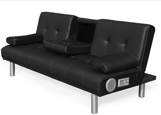 Sofá-cama dobrável de couro falso de três lugares com porta-copos e alto-falante Bluetooth