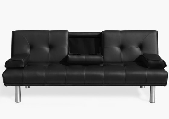 Sofá-cama dobrável de couro falso de três lugares com porta-copos e alto-falante Bluetooth