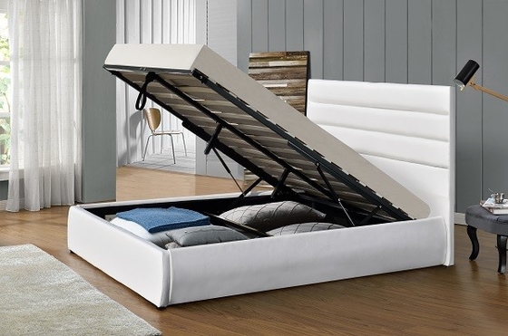 Elevador automático a gás com armação de cama em couro sintético branco com caixa de armazenamento