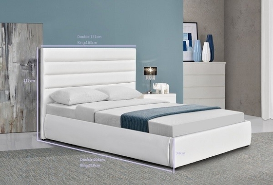 Elevador automático a gás com armação de cama em couro sintético branco com caixa de armazenamento