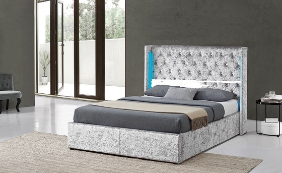 Fabricantes da cama de Grey Crushed Velvet Fabric Upholstered com diodo emissor de luz e Crystal Buttons