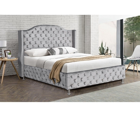 O botão de prata personalizado de Grey Upholstered Bed Velvet Fabric adornou a cabeceira alta