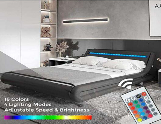 Cama de plataforma estofada dobro preta da tela de roupa de cama com luz do diodo emissor de luz