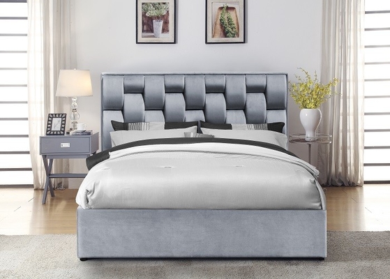 Quadro de cama de armazenamento de tecido de veludo cinza com cabeceira alta tufted