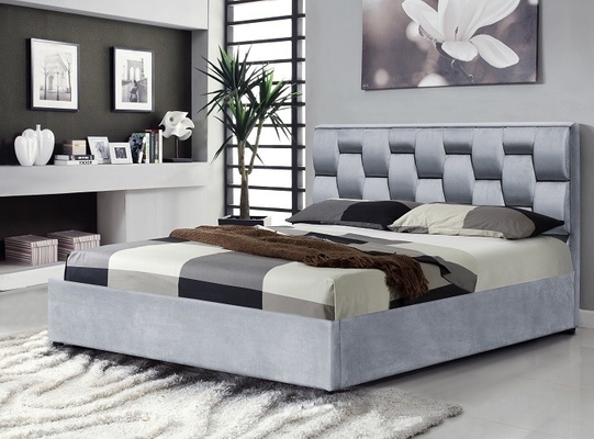 Quadro de cama de armazenamento de tecido de veludo cinza com cabeceira alta tufted