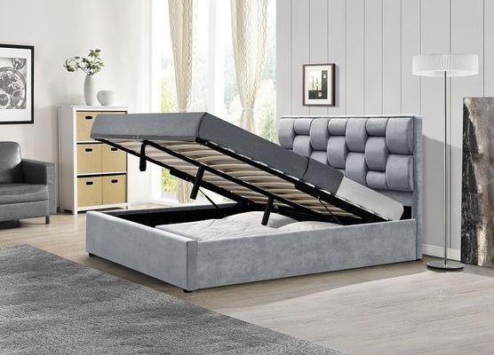 Quadro de cama de armazenamento de tecido de veludo cinza com cabeceira alta tufted