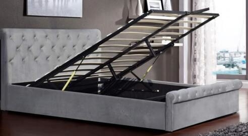 Cama de salvamento Grey Velvet Upholstered Bed Manufacturer do armazenamento do elevador de gás do espaço por atacado