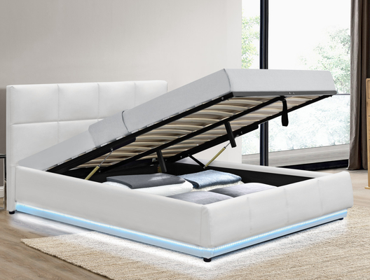 Cama de armazenamento de elevador de gás LED de couro em PU branco de tamanho duplo