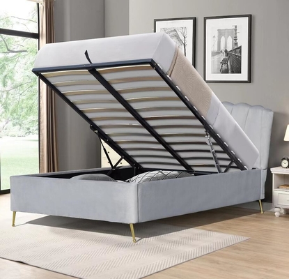 Double Size Bsci Elevador Armazenamento Quadro de cama Elegante Tecido de Veludo Cinza Otomano