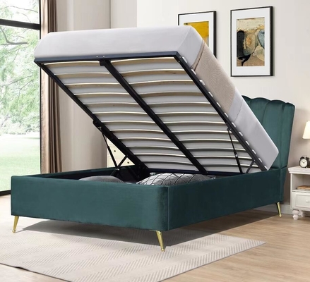 Cama de armazenamento de elevador de gás otomano de tecido de veludo azul com quatro pés de ouro