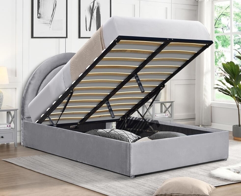 Cama de armazenamento de elevador de gás orientada para detalhes Forma curva Rainbow Headboard Tecido cinza