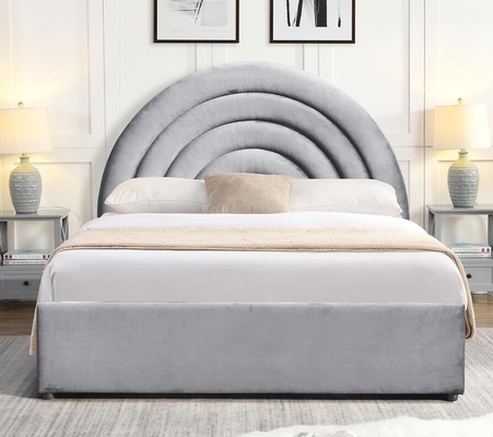 Cama de armazenamento de elevador de gás orientada para detalhes Forma curva Rainbow Headboard Tecido cinza