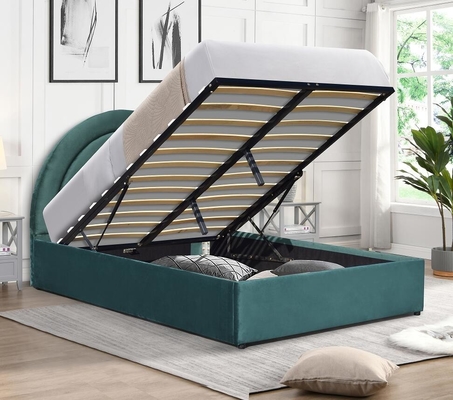 Cama de armazenamento de elevador de gás orientada para detalhes Forma curva Rainbow Headboard Tecido cinza
