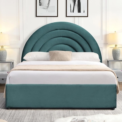 Cama de armazenamento de elevador de gás orientada para detalhes Forma curva Rainbow Headboard Tecido cinza