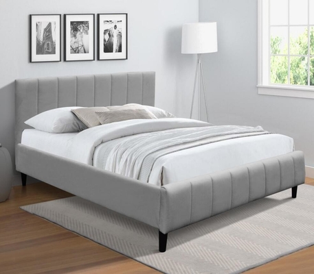 Quadro de cama de tecido cinza duplo com base de madeira