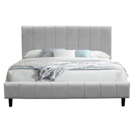 Quadro de cama de tecido cinza duplo com base de madeira