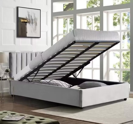 Tecido de veludo cinza claro elevador de gás armazenamento quadro de cama tamanho duplo