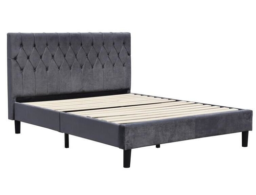 Tecido de veludo cinza escuro, cama estofada, tamanho rainha, com botões na cabeceira