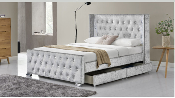 Cama velvet de armazenamento com luz LED e botões de diamante