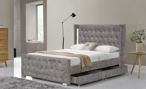 Cama velvet de armazenamento com luz LED e botões de diamante