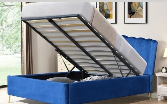 Cama de armazenamento de elevador de gás de veludo de tecido azul com quatro pés de ouro