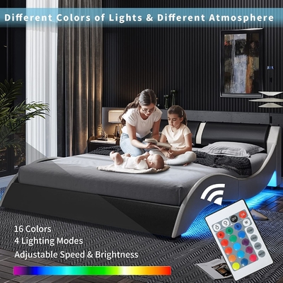 Cama estofada com cabeceira de couro PU, plataforma de cama de PU com luzes LED