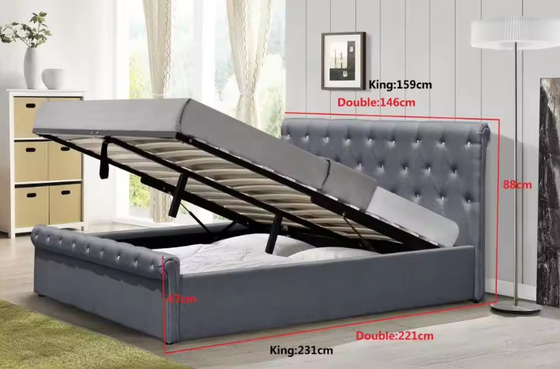 Cama de armazenamento de tamanho completo Cama estofada com cabeçote e armazenamento embaixo